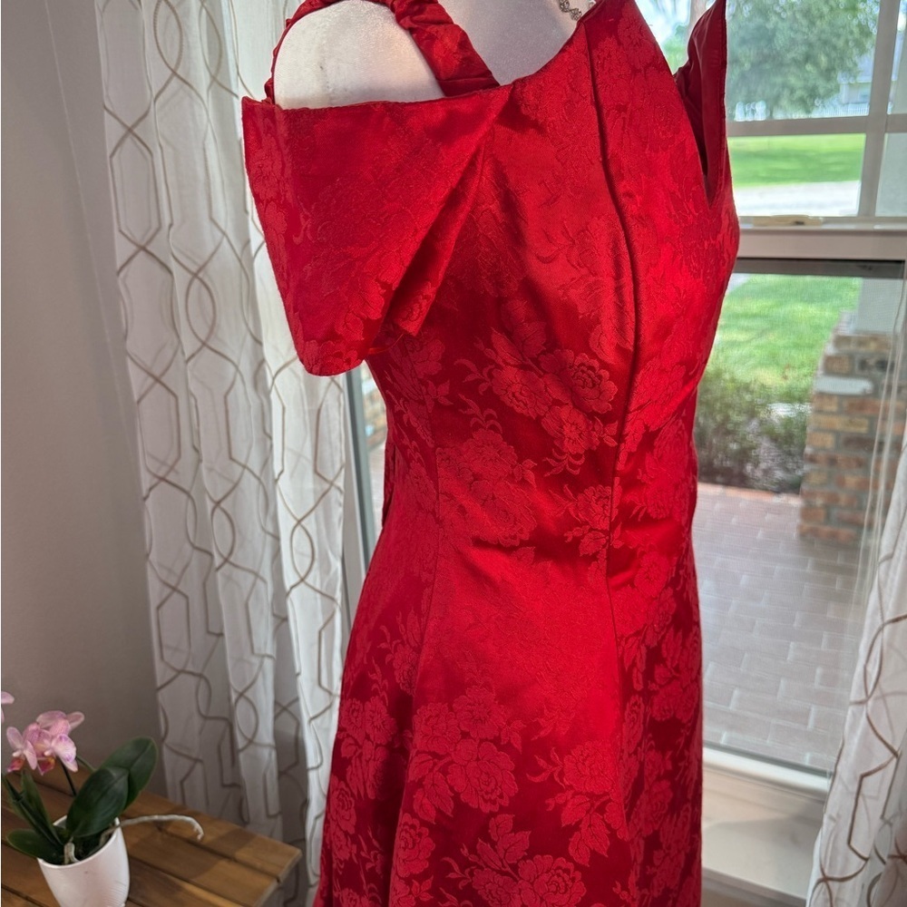 Vintage Gunne Sax Dress Womens 12 Red Jacquard Floral A-Line V-Neck Made USA 90s - Picture 2 of 9
